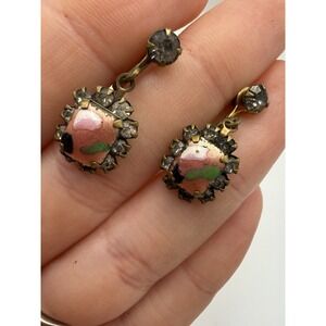 Vintage Enamel Rhinestones Gold Tone Clip On Screw Back Earrings Art Deco Chic
